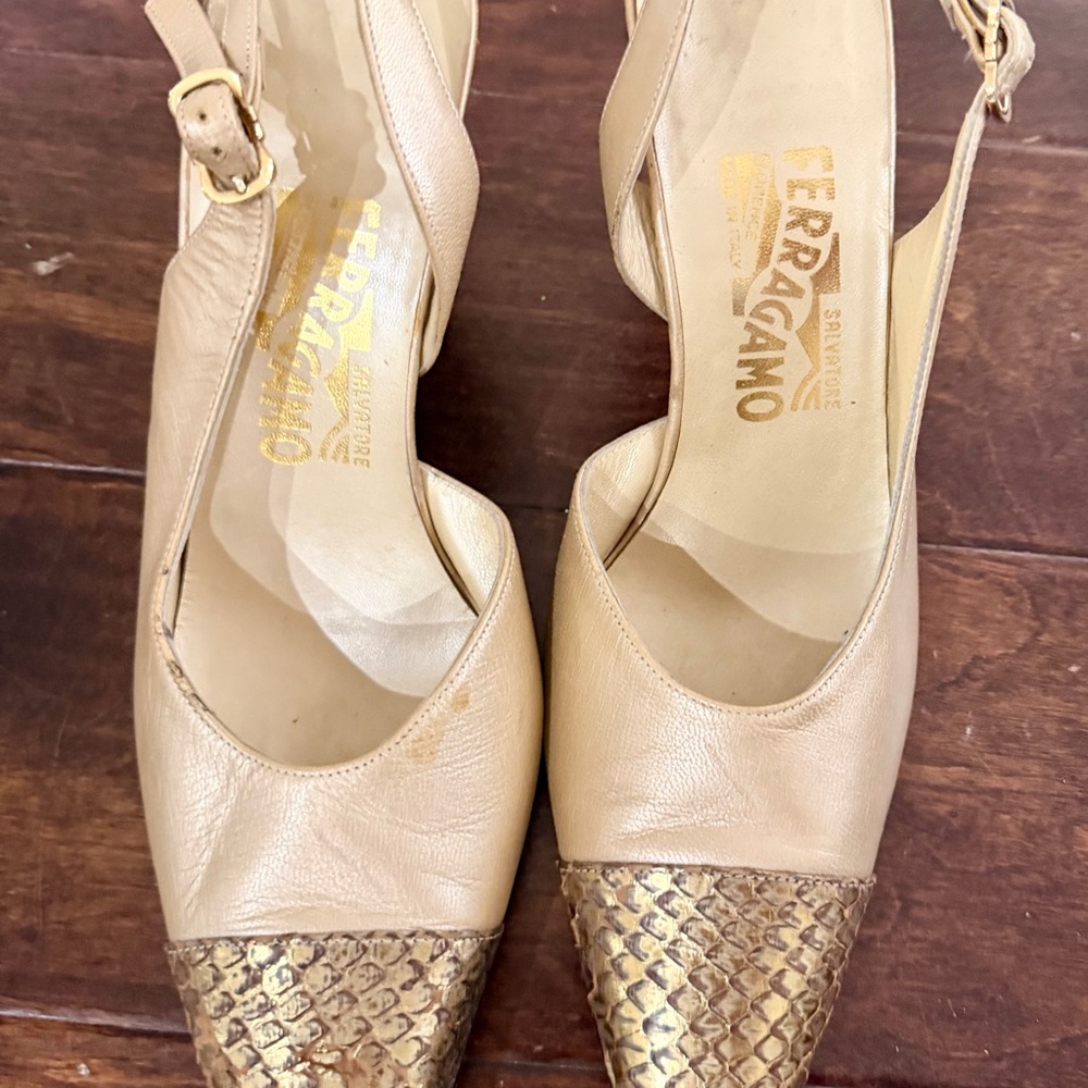 Salvatore Ferragamo Nude Leather Slingback Pumps with Gold Snakeskin Toe